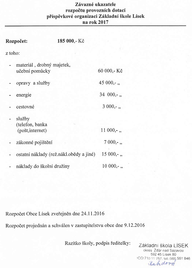 ROZPOČET ZŠ LÍSEK NA ROK 2017